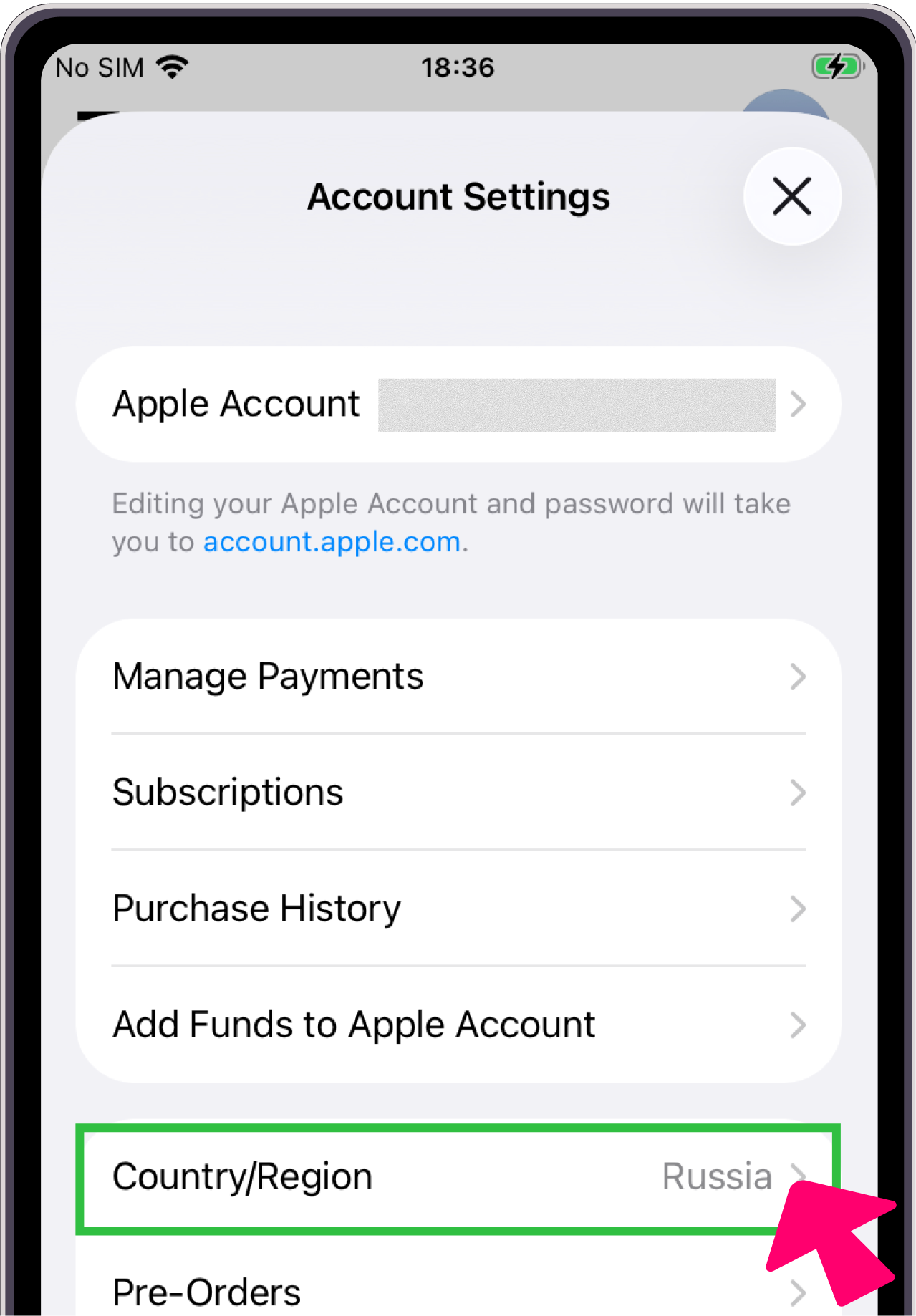 Account settings — Country/Region